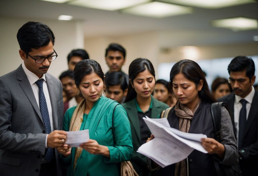 group of professionals reading documents