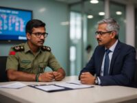 Military officer in discussion with civilian at business meeting.