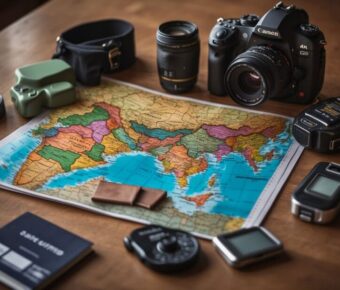 Travel photography gear and world map on a wooden table.