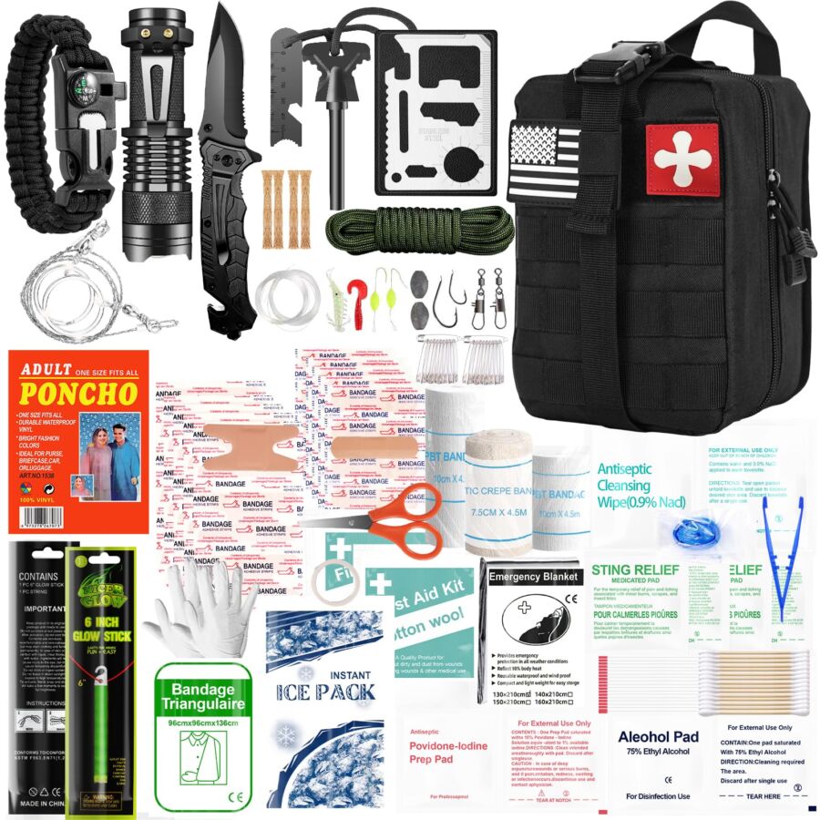 Survival Kits, 174Pcs Survival Gear First Aid Kit IFAK with Molle System Essential Camping Gear Emergency Medical Supplies for Car Fishing Hunting Outdoor Adventure