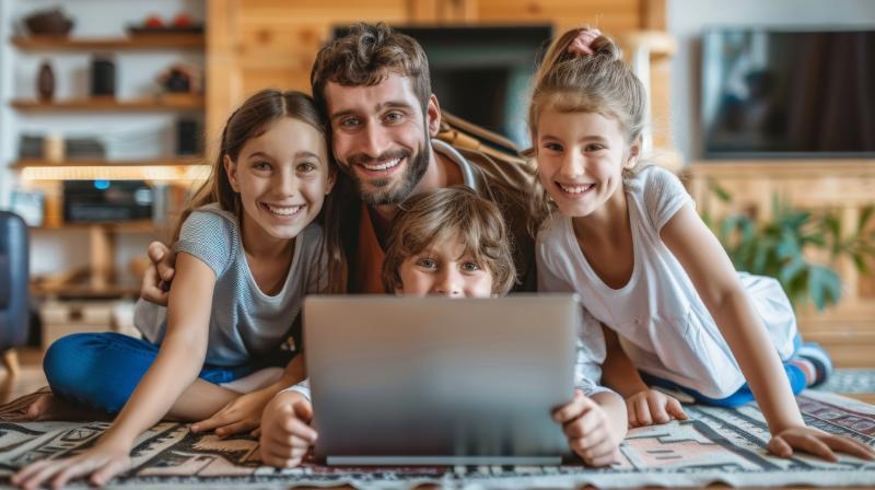 An excited family is shopping for flight tickets and booking hotels online