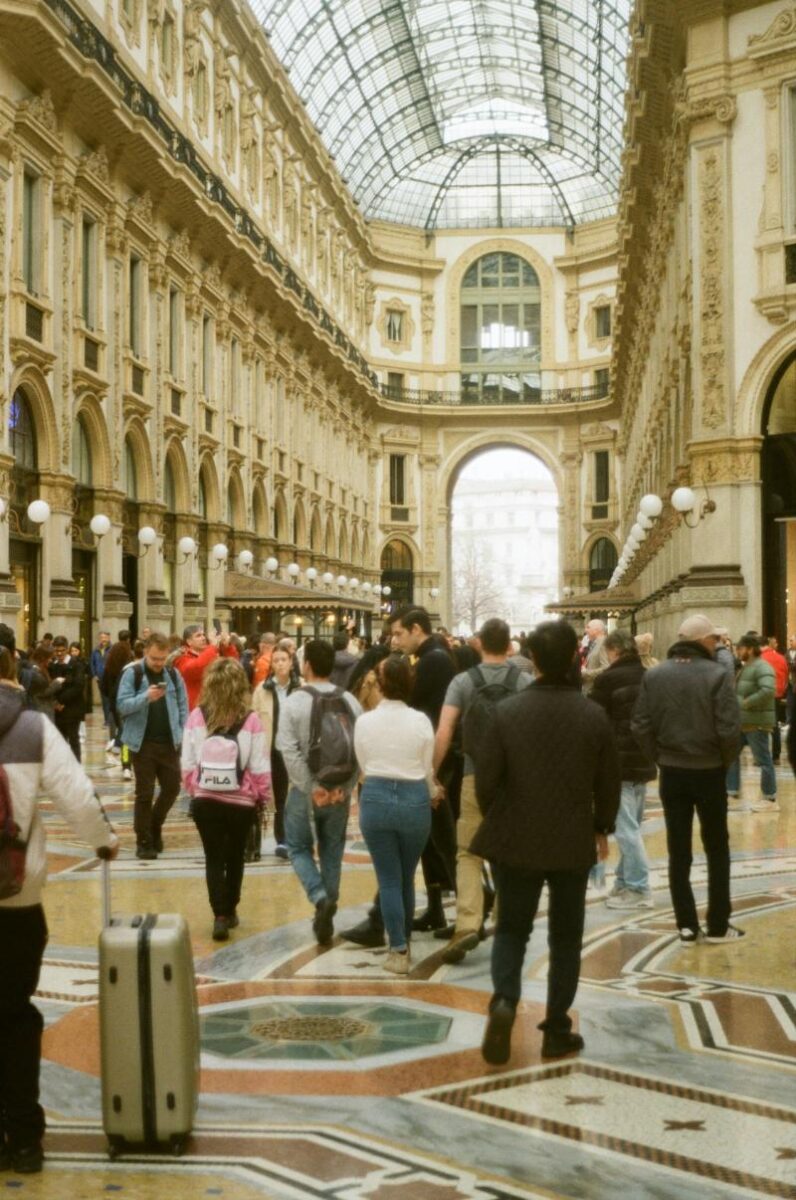 Bustling city streets of Milan, Italy