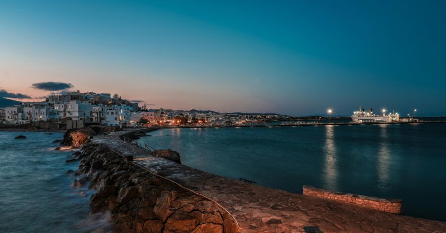 City view and lights at night time in Naxos