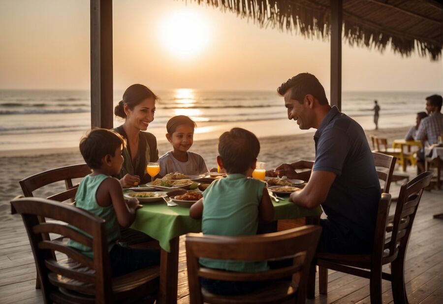 Family of 5 dining by the beachfront during sunset