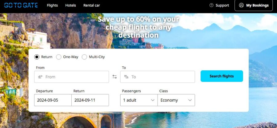 Gotogate page for airfare tickets search