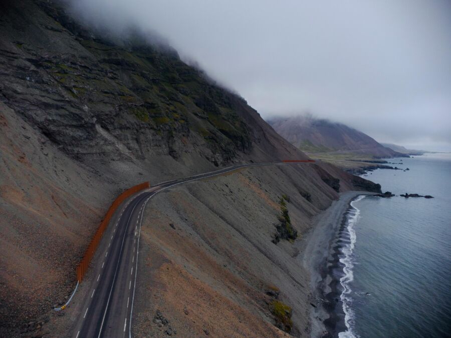 Winding road and scenic view at Hafnarfjordur