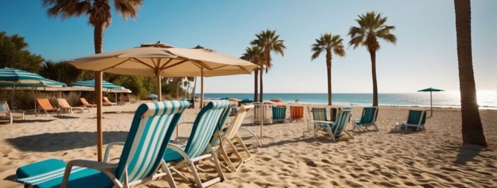 Lounge chairs with umbrellas spread at the beach