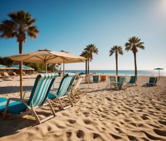 Lounge chairs with umbrellas spread at the beach