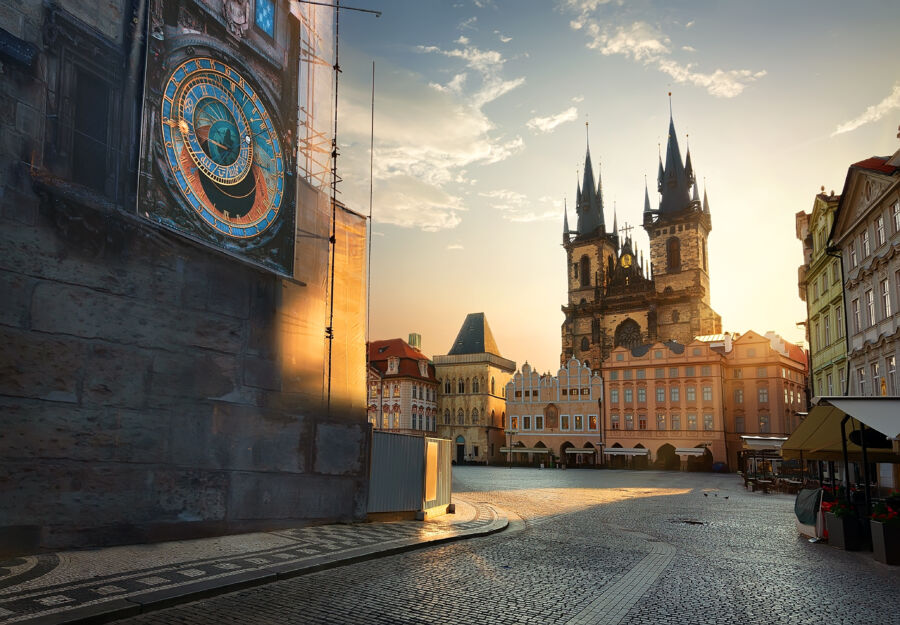 Beautiful view of Náměstí Míru in Prague during golden hour