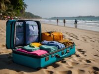 Open luggage bag with clothes at the beach