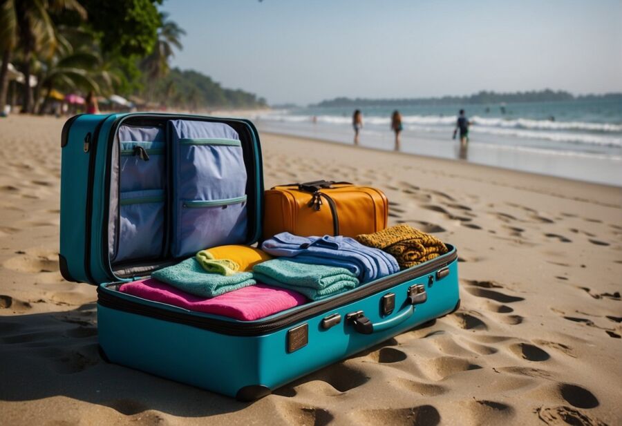 Open luggage bag with clothes at the beach