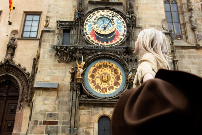 Lady tourist at the Prague Astronomical Clock