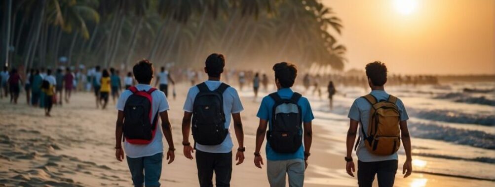 Backpacking students stroll around Coxs Bazar beach