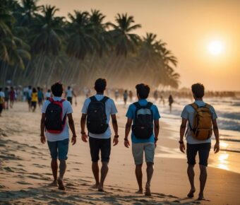 Backpacking students stroll around Coxs Bazar beach