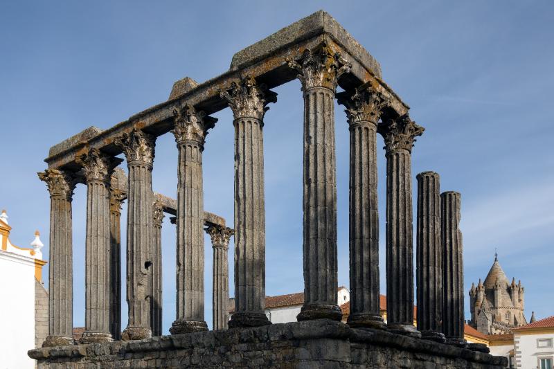 The Roman Temple in the city of Evora in Portugal. The temple dates from the 2nd century AD.