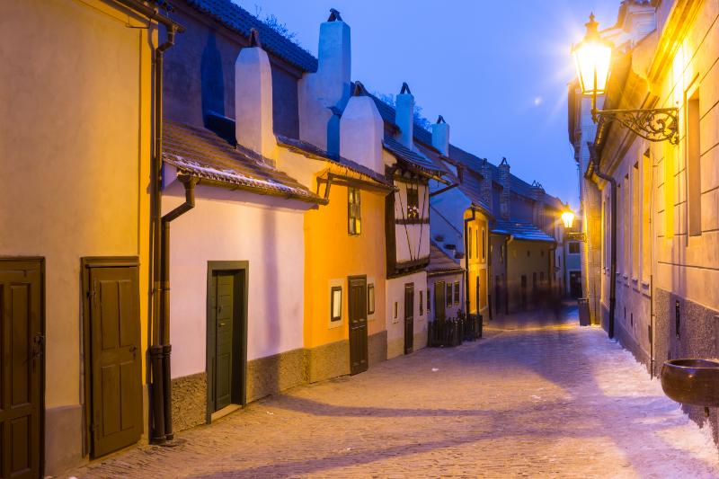 The Golden Lane at dusk at the Prague Castle