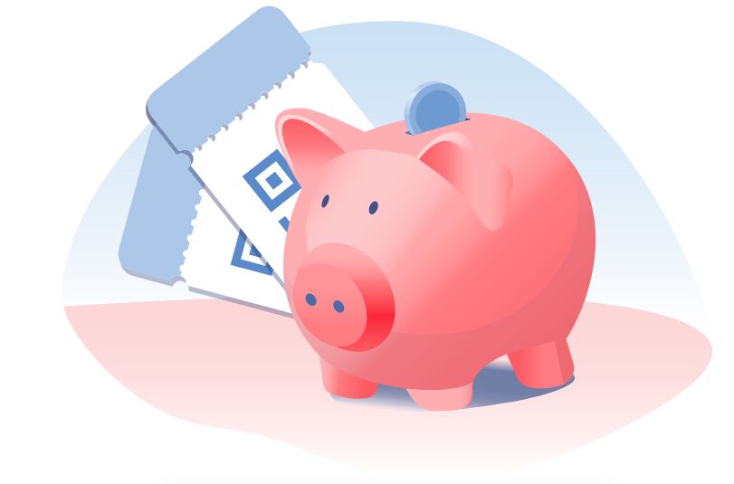 Piggy bank and travel ticket savings