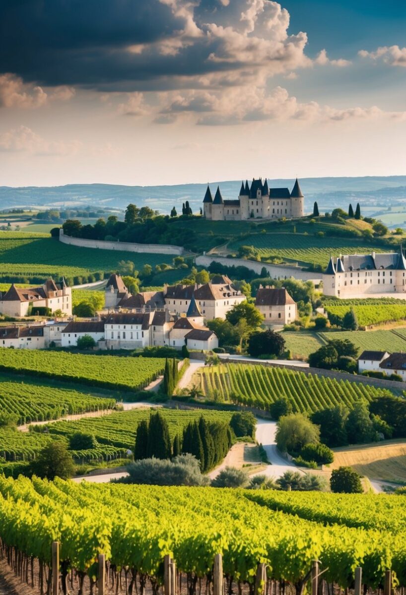 A picturesque French countryside with rolling hills, vineyards, and charming villages, with a backdrop of historic chateaus and castles