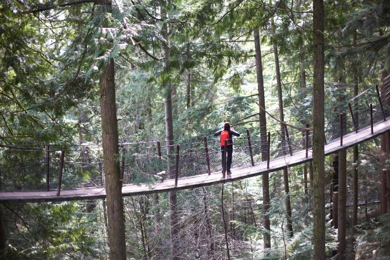 Woman walking across Capilano suspension bridge