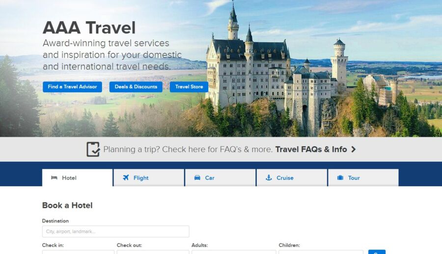 AAA travel booking site interface displaying diverse travel packages and easy navigation for efficient trip arrangements.