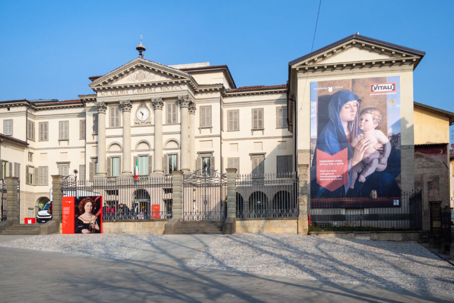 Visitors near the Accademia Carrara di Belle Arti in Bergamo, Italy, on Piazza Giacomo Carrara