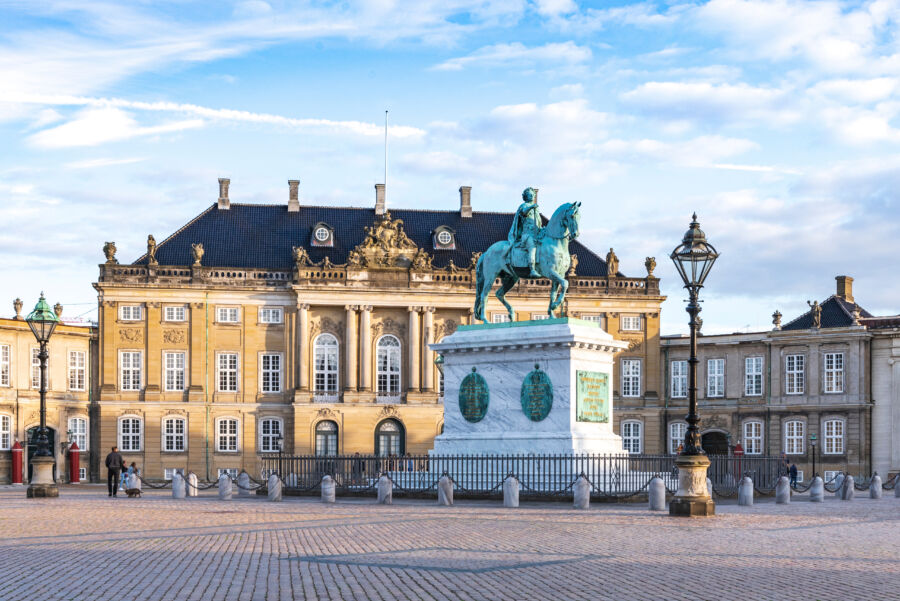 The majestic Amalienborg Palace in Copenhagen, featuring classical architecture