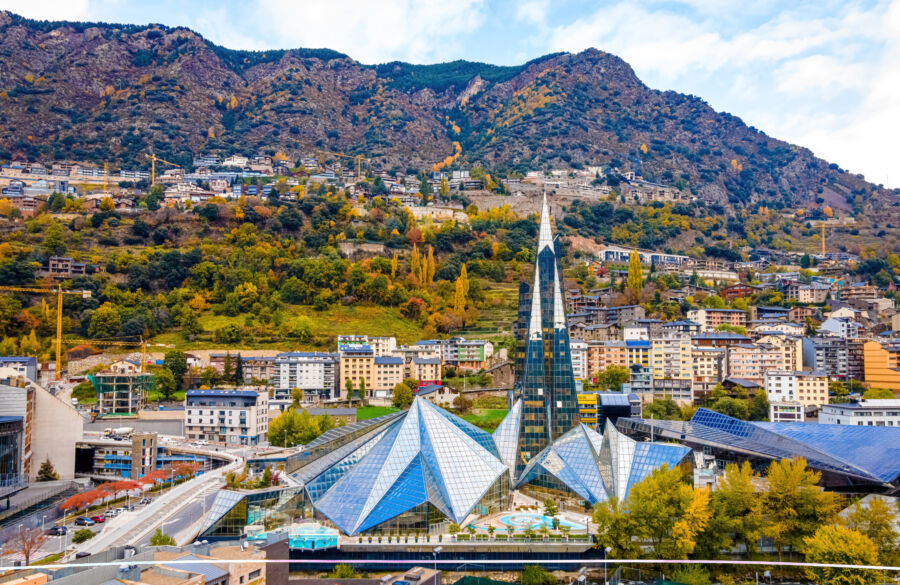 Aerial view of Andorra la Vella, the capital of Andorra, in the Pyrenees mountains between France and Spain