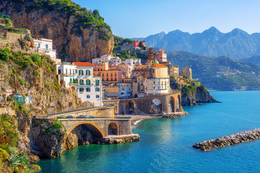 Scenic view of Atrani town on the Amalfi Coast, showcasing its charming architecture and coastal landscape in Sorrento, Italy