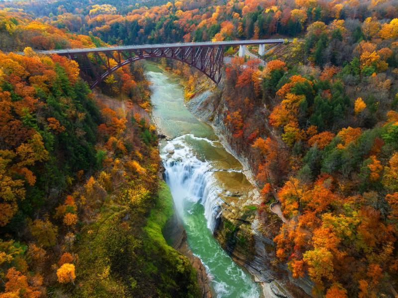 Aerial view of Letchworth State Park High Falls at Autumn