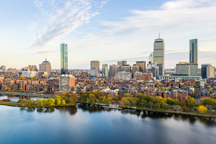 Scenic panorama of Boston's back bay, featuring the skyline and serene waters