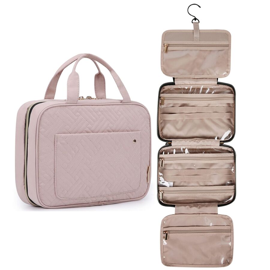 Chic pink quilted travel bag set with organizer; ideal for cosmetics and toiletries.