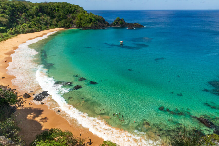 Aerial view of Baia do Sancho, a stunning beach in Fernando de Noronha, renowned as one of the world's finest coastal destinations