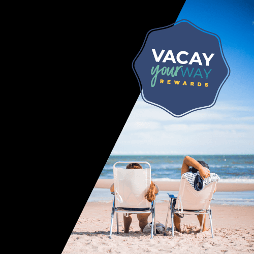 Beach rewards program; serene ocean scene with people relaxing on reclining chairs.