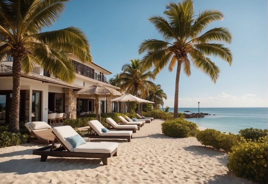 Luxurious beach resort with sun loungers, palm trees, and turquoise ocean under a clear sky.