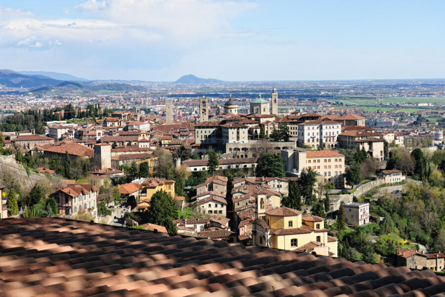 Scenic panoramic view of Città Alta, Bergamo, Lombardy, Italy, capturing the essence of spring on a clear afternoon