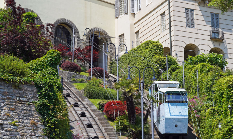 Funicular in Bergamo, Italy, linking the new city to the old, traversing the historic Venetian Walls