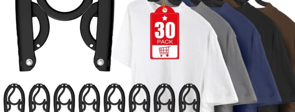 Innovative black garment hanger kit with unique design for organized and practical clothing storage.