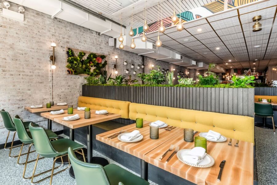  The interior of Bloom Plant Based Kitchen in Chicago, highlighting a stylish ambiance with eco-friendly elements and plant decor.