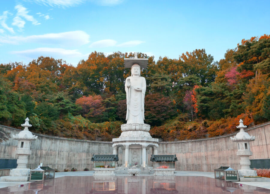 Bongeunsa Temple surrounded by autumn colors in Gangnam, Seoul, highlighting the beauty of the season in a peaceful setting