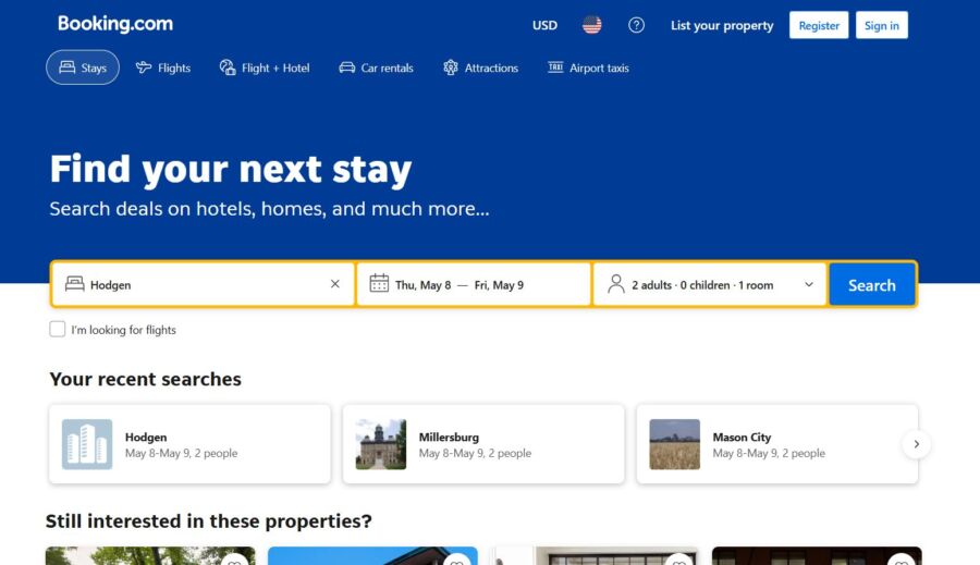 Booking.com website landing page