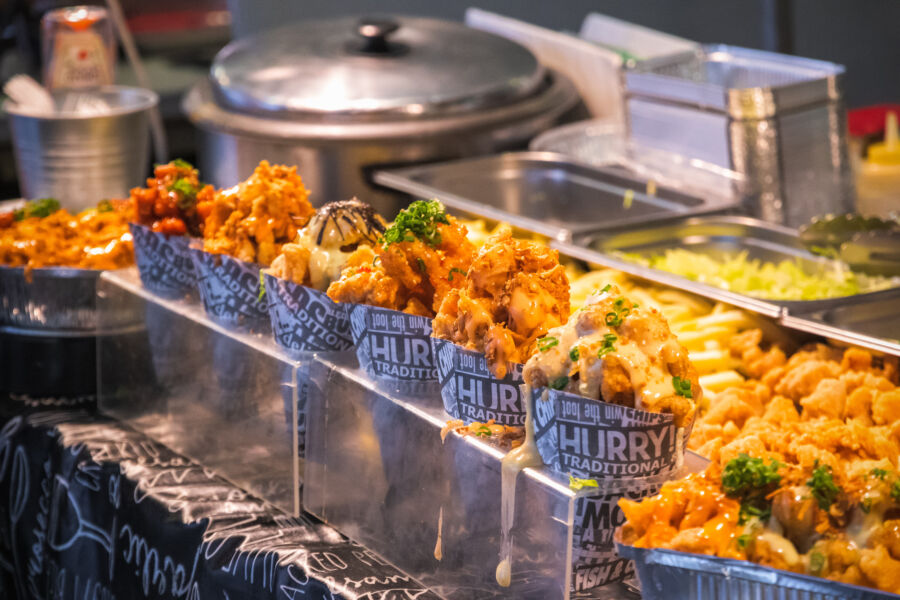 Crispy Japanese deep-fried chicken bites displayed at Brick Lane Market in London, offering a delicious and flavorful snack option