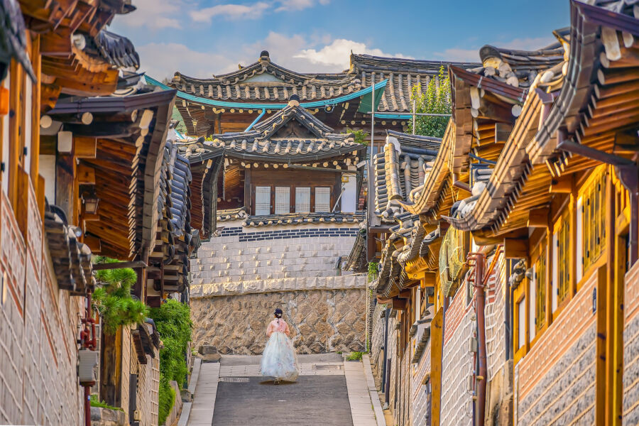 Bukchon Hanok Village with Seoul city skyline, cityscape of South Korea