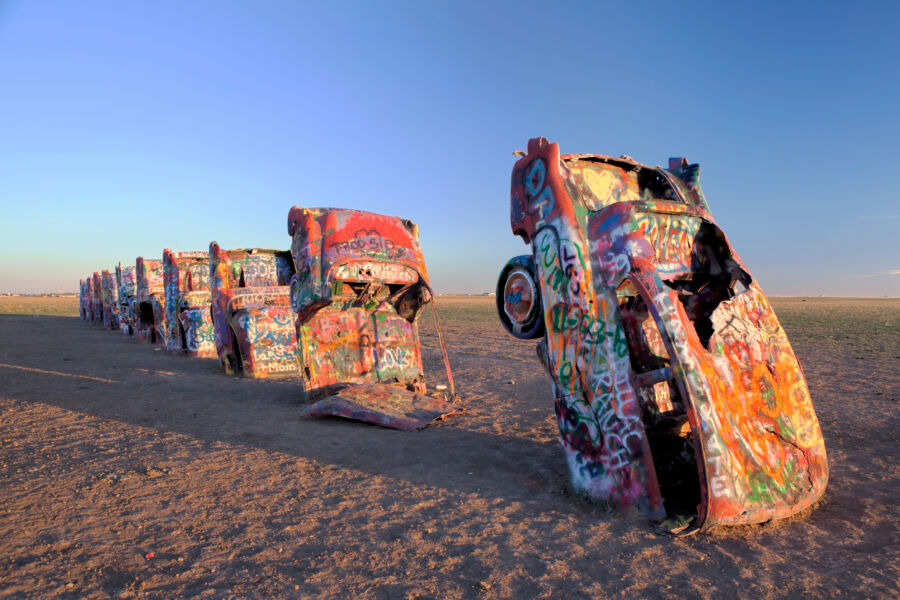  Art Installation Known as Cadillac Ranch in Amarillo, Texas, USA.