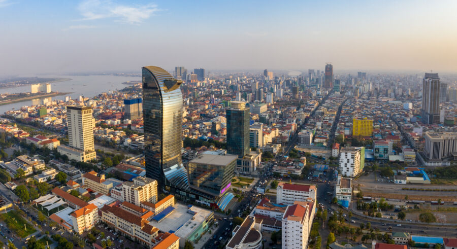 Drone shot of Phnom Penh, Cambodia, highlighting vibrant summer landscapes and city features