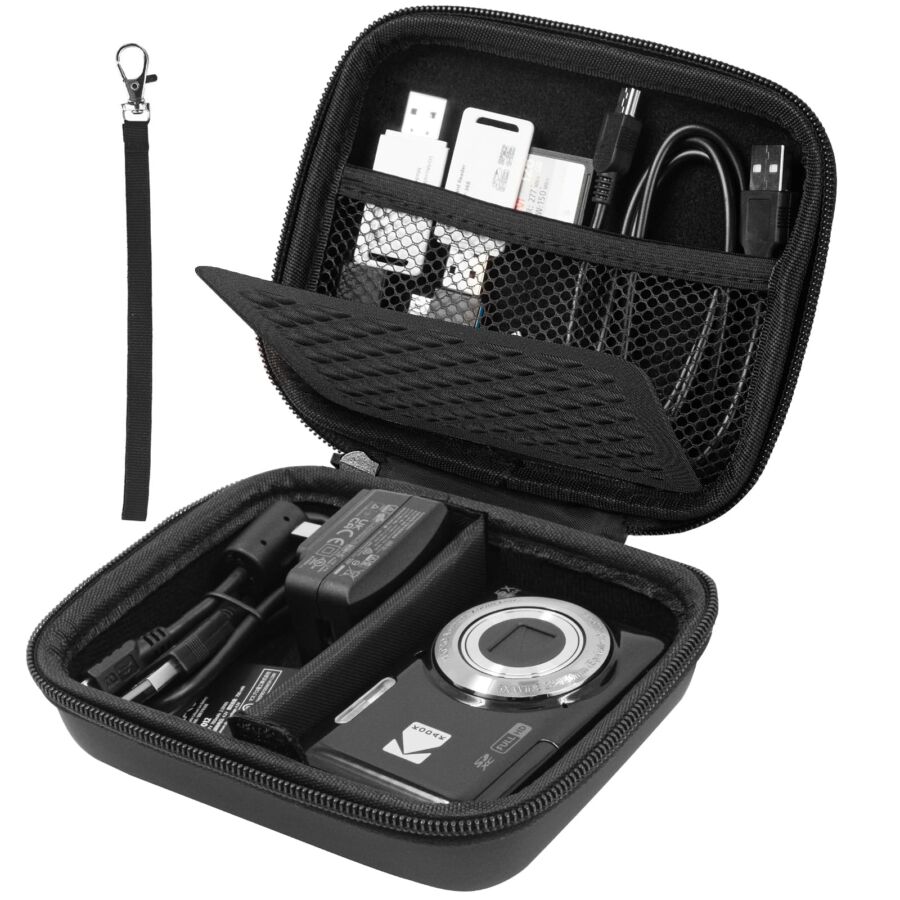 Compact Kodak camera travel case with organized accessories for photographers.