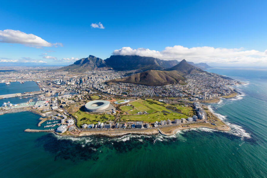 Aerial view of Cape Town, South Africa, showcasing its stunning coastline