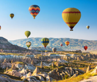 Hot air balloons flying over Cappadocia, Turkey