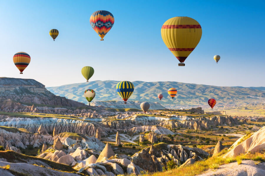 Hot air balloons flying over Cappadocia, Turkey