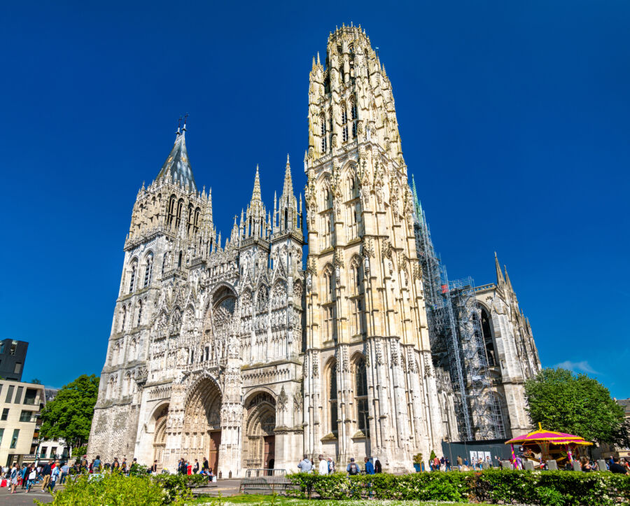 Stunning view of the Cathedral Notre Dame of Rouen, showcasing its intricate facade and beautiful architectural details