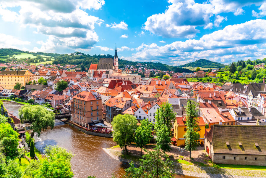 Panoramic view of Cesky Krumlov, featuring St. Vitus Church in the center of the historic cityscape of Southern Bohemia